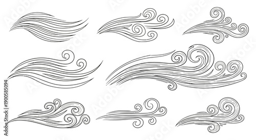 Collection of Stylized Wind Swirls and Gusts, Hand-Drawn Vector Illustrations