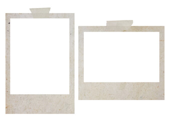 Two polaroid photo frames with tape strips on transparent background, png file