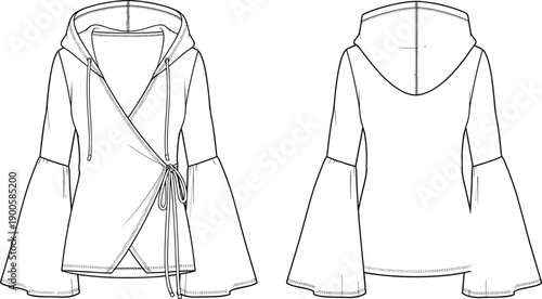 Technical Fashion Flat Sketch of Women Wrap Hoodie Featuring Bell Flare Sleeves and Side Tie Detail Front and Back View Isolated on White Background
