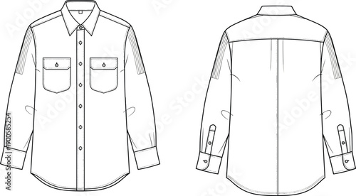 Technical flat sketch of a long sleeve button down mens workwear shirt with chest pockets and shoulder stitching details for apparel design and manufacturing