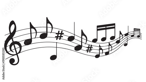 An elegant black and white illustration of musical notes gracefully flowing across a staff, symbolizing melody, rhythm, and the universal language of music, perfect for creative design projects