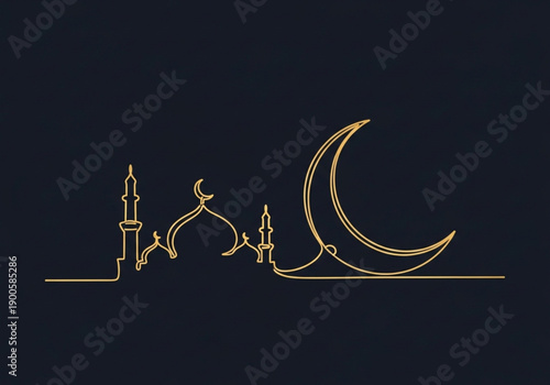 Golden Islamic Mosque and Crescent Moon Line Art on Dark Background