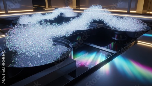 Futuristic glowing steam swirling over sleek black control panel illuminated by vibrant