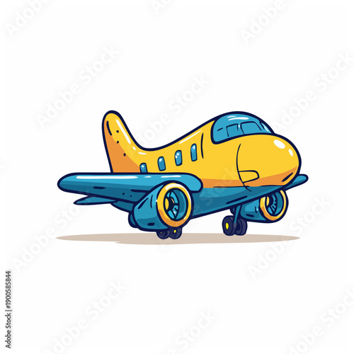 Vibrant yellow airplane with blue accents flying high in a clear sky, viewed from the side as it soars through the air, e25.svg illustration