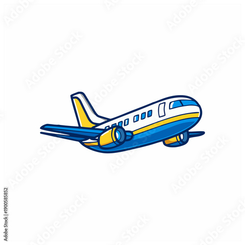 Illustration of an airplane flying through the air with a clear blue sky in the background, showcasing its vibrant colors and detailed design.