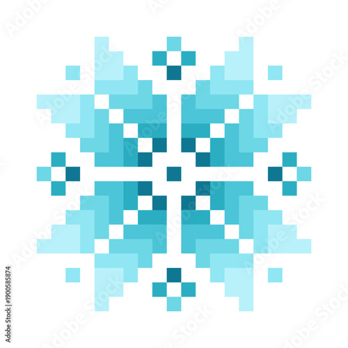 Pixel art snowflake pattern in icy blue tones. Inspired by traditional textile motifs, perfect for fabric patterns, embroidery, knitting, weaving, and winter-themed decorative designs.