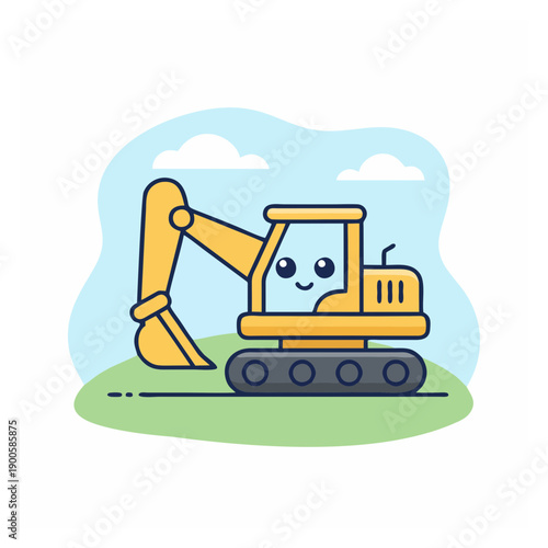 A cartoon excavator with a smiling face on a grassy terrain viewed from the side
