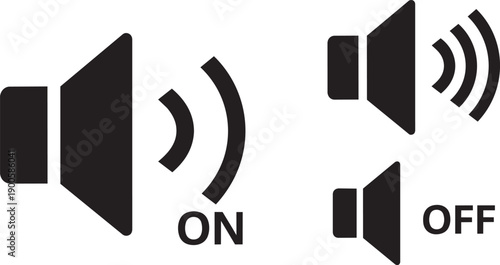 Vector speaker on off icons, sound wave symbols, audio control buttons, black and white illustration for website or app UI