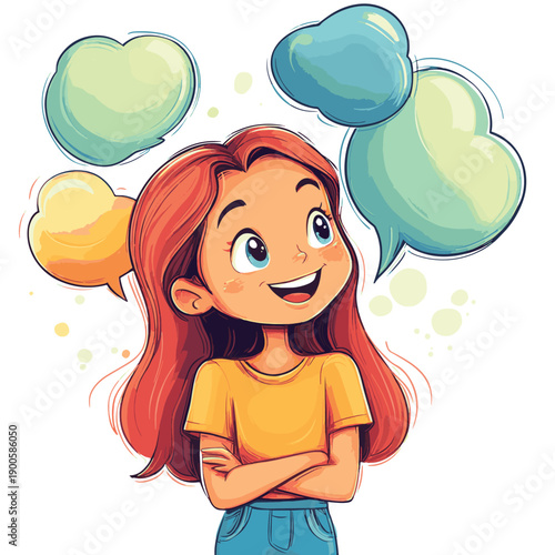 happy girl with big speech bubbles. creative teacher or student helper giving advice. , vector style simple color