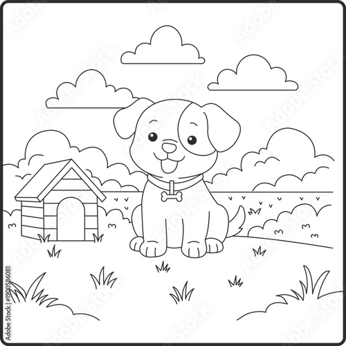 Happy Puppy in Front of Wooden Dog House Coloring Page for Children featuring garden pet