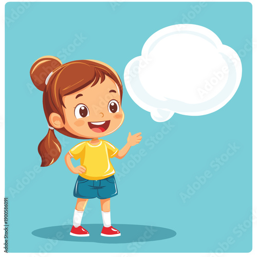 happy girl with big speech bubbles. creative teacher or student helper giving advice. , vector style simple color