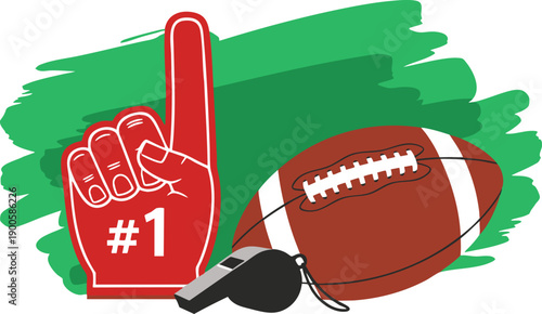 Red Foam Finger Number 1, Football, and Whistle Vector Illustration