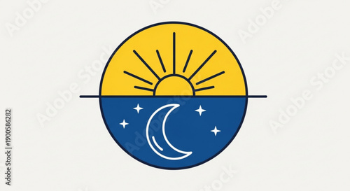 Day and night symbol sun and moon icon duality concept with yellow sun rays and blue night sky with stars