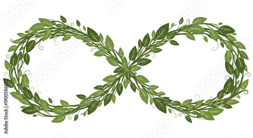 Interconnected green leafy wreaths forming an infinity symbol on white background symbolizing eternal harmony and nature's beauty