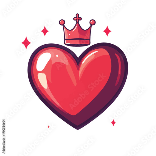 Flat red heart with royal crown isolated on white background. Love, romantic icon. , vector style simple color