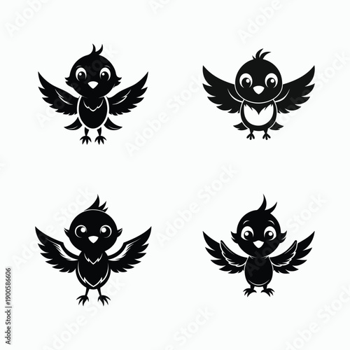 Cute Black and White Cartoon Bird Vector Illustrations Set for Logo Design.
