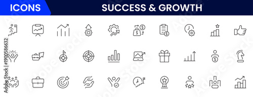 Success and growth web icons inline style. Handshake, growth profit, innovation, increase sale, coaching, progress, strategy, achievement, collection. Vector illustration.