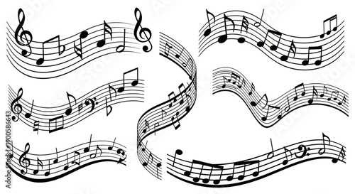 Collection of Wavy Musical Notes and Staff Lines, Dynamic and Flowing Music Notation