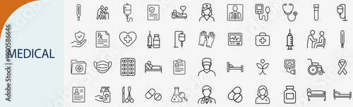 medical healthcare and hospital icons, minimal outline vector set