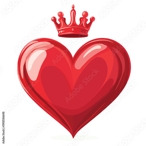 Flat red heart with royal crown isolated on white background. Love, romantic icon. , vector style simple color
