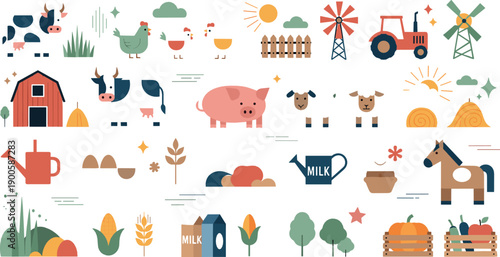 Cute Farm Life Illustration Set with Animals, Barn, Tractor, Crops, Milk, Windmill, and Countryside Agriculture Elements in Modern Flat Style