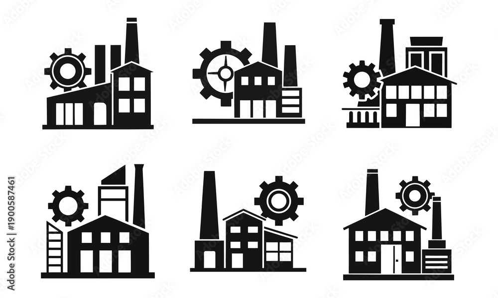 Obraz premium Six Industrial Factory Building Silhouette Icons With Gears For Manufacturing And Industry.