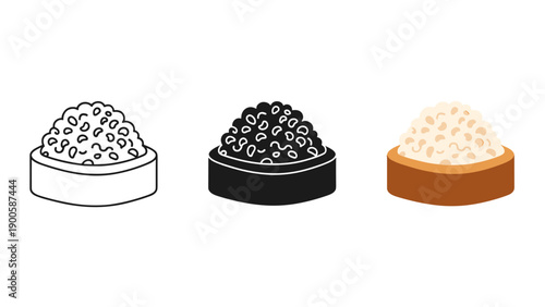 A set of three bowls filled with different kinds of caviar Vector