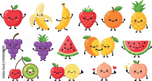 Cute fruit characters with happy expressions, playful healthy food mascots, smiling cartoon fruits collection, colorful flat vector illustration for kids and nutrition designs