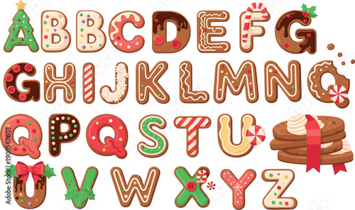 Cute Gingerbread Alphabet Illustration Set with Sweet Christmas Cookie Letters A to Z for Holiday Typography, Kids Learning, and Festive Designs