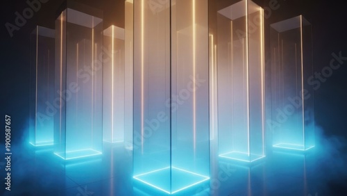 Futuristic glowing vertical pillars creating a modern immersive environment in a dark space