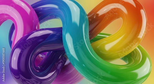 Multiple brightly colored, glossy, intertwined abstract shapes create a vibrant composition.