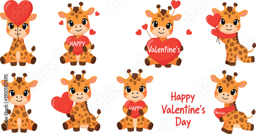 Cute giraffe character set holding hearts for Valentine’s Day, adorable animal cartoon flat vector illustration for love, romance and children design