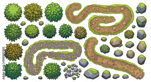 Top-down Game Assets Set: Bushes, Dirt Paths, Stone Trails, and Rocks Illustration