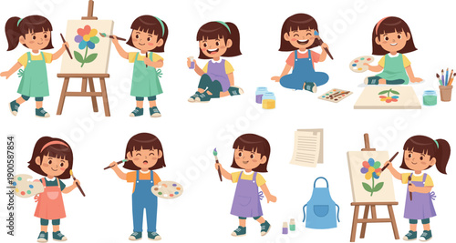 Cute Girl Artist Illustration Set with Children Painting on Canvas, Holding Brushes, Palette, and Art Supplies for Creative Education Designs