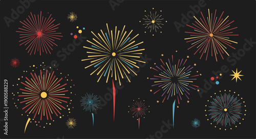 Multiple Colorful Vector Fireworks Explosions on Dark Black Background