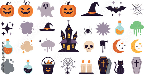 Cute Halloween Icon Illustration Set with Pumpkins, Ghosts, Haunted House, Witch Hats, Bats, Potions, Coffins, Candles, and Spooky Decorative Elements
