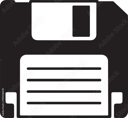 A detailed illustration of a classic black and white floppy disk icon.