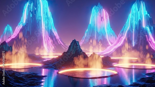 futuristic glowing volcanic landscape with neon-lit mountains and luminous craters