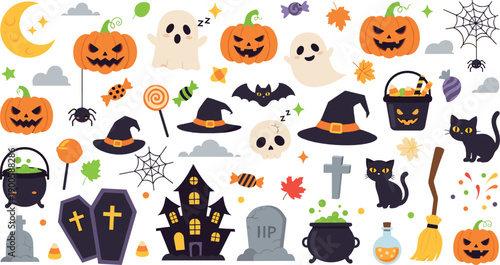 Cute Halloween Illustration Set with Kawaii Pumpkins, Ghosts, Black Cats, Bats, Witch Hats, Candy, Cauldrons, and Spooky Festive Elements