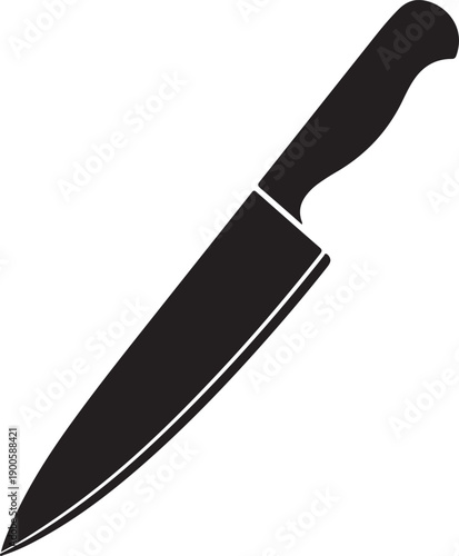 A large, sharp kitchen knife with a black handle and blade.