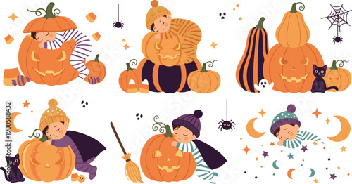 Cute Halloween Pumpkin Illustration Set with Kids Wearing Costumes, Spiders, Bats, Moon, and Cozy Autumn Night Elements for Seasonal Designs