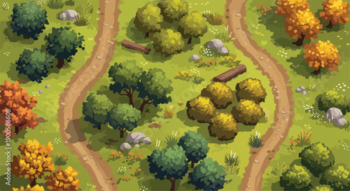 Overhead View Stylized Cartoon Forest Landscape Illustration with Winding Dirt Paths, Trees, and Bushes