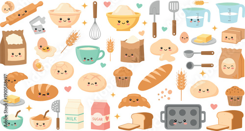 Cute Kawaii Baking and Bakery Illustration Set with Bread, Pastries, Ingredients, Kitchen Tools, and Smiling Food Characters for Cooking Designs