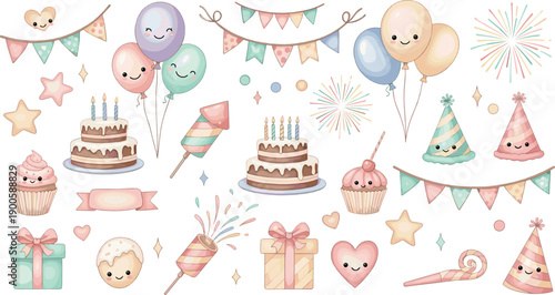 Cute Kawaii Birthday Party Illustration Set with Cakes, Balloons, Gifts, Cupcakes, Party Hats, Bunting Flags, Fireworks, and Celebration Elements