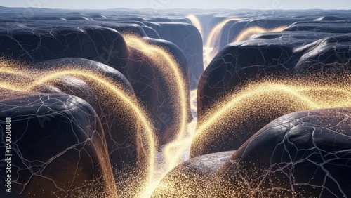 Futuristic glowing waterfalls over a cracked rocky landscape with shimmering golden particles and