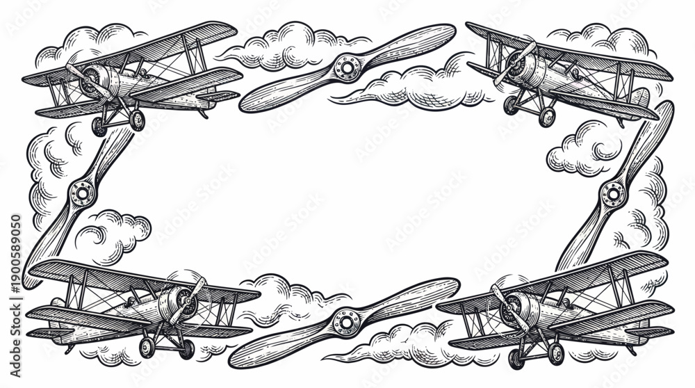 Obraz premium Vintage Biplane Aviation Border with Propellers and Clouds, Retro Airplane Frame Illustration in Hand Drawn Engraving Style
