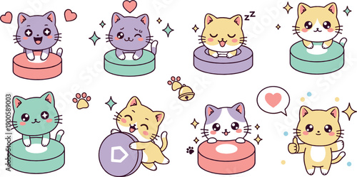 Cute Kawaii Cat Illustration Set with Chubby Kitty Characters Expressing Love, Sleepy Moods, Playful Actions, and Adorable Emotions for Stickers and Kids Designs