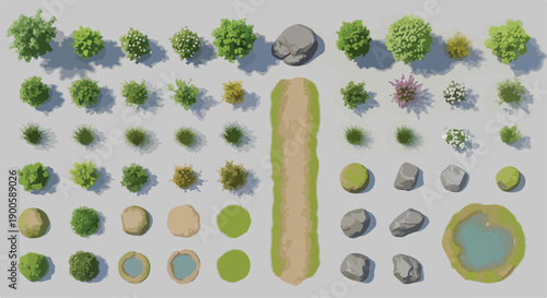 Top View 3D Render Set of Landscape Design Elements for Game or Architectural Design. Trees, bushes, rocks, paths, ponds.