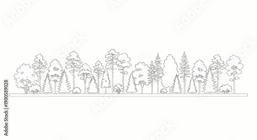 Architectural Forest Tree Line Outline Illustration, Minimalist Panoramic Woodland Border Vector for Site Planning and Design