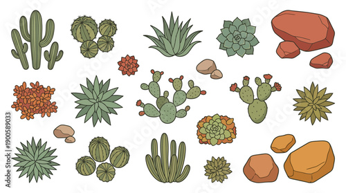 Desert Cactus and Succulent Vector Asset Set with Saguaro, Prickly Pear, Agave, and Decorative Red Rocks for Game Design